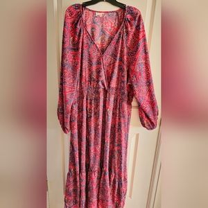 Boemo Red Long Sleeve Paisley V-Neck Maxi Dress for Casual Occasions